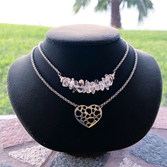 Crystal heart necklace . Double Layer crystal quartz valentine heart boho choker - Picture 4 of 11